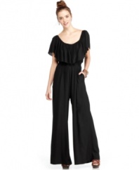 A ruffled collar and wide-leg pants gives this jumpsuit from American Rag a shot of vintage, grandiose style!