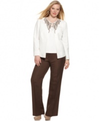 This plus size suit from Tahari by ASL is elevated with embroidered and beaded details on the jacket and top, then completed with a pair of crisply pleated pants.