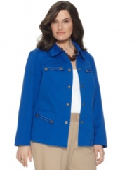 Add a lightweight layer to your casual looks with Jones New York Signature's snap front plus size jacket.