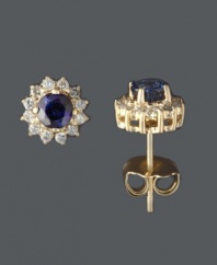 Get a look of precision in perfect, round-cut studs. Effy Collection earrings feature sapphire gemstones (5/8 ct. t.w.) surrounded in sparkling petals of round-cut diamond (1/4 ct. t.w.). Crafted in 14k gold. Approximate diameter: 1/4 inch.