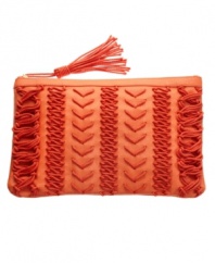 Woven rope detail and a fun tassel pull decorate this carefree clutch by Steve Madden. A top zip design provides easy accessibility while its unique exterior will spice up any ensemble.