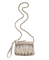 With just enough shimmer and shine, you'll find yourself reaching for this this hand woven zig-zag wristlet on many an occasion. Colorblock bag features a shining sequin underlay and detachable woven shoulder strap.