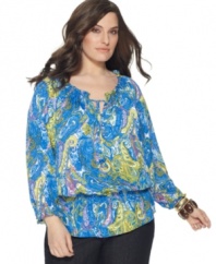 Electrify your look this season with Jones New York Signature's three-quarter sleeve plus size peasant top, featuring a vivid paisley print.