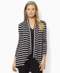 Crafted in a soft jersey blend, this plus size Lauren by Ralph Lauren open-front cardigan drapes elegantly from the shoulders creating a chic, layered look. (Clearance)