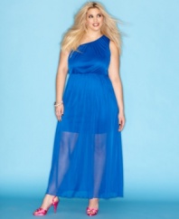Be the queen of your special night with Soprano's one-shoulder plus size maxi dress, elegantly accented by sheer overlay.