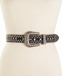 Rock out your look with this gorgeous faux suede belt by GUESS? featuring metal studs & rhinestone detail with a hip western-style buckle.