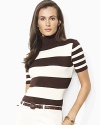 Accented with chic wide stripes, the short-sleeved Keera turtleneck is jersey-knit in a luxe blend of silk and cotton yarns for a soft hand.