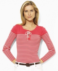 Bold nautical stripes and a scoop neckline with lace-up detailing lend chic seafaring style to a timeless petite tee in soft cotton, from Lauren by Ralph Lauren.