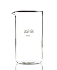 Because accidents happen-a replacement beaker for your favorite 8 cup coffee or tea press by La Cafetière. The heat-resistant glass beaker is easy to replace and puts your coffee house back in business. 1-year warranty.