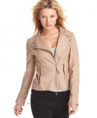 Let your great style rip in this crinkled, faux-leather moto jacket from Guess? -- the toughest chill repellant in town!