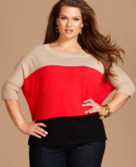 Lock up on-trend style with INC's three-quarter sleeve plus size sweater, accented by a colorblocked pattern. (Clearance)
