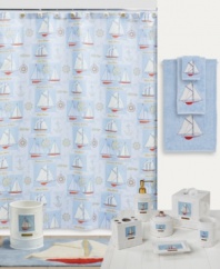 Set sail for uncharted bath decor with this unique shower curtain from Creative Bath. Emblazoned with nautical notions and seafaring schooners, this charming curtain provides a stylish way to keep the shower spray at bay.