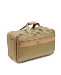 A sleek design and strong build let you travel with confidence. Constructed of lightweight, durable ballistic nylon, carry-on features basic urban colors with tough, full-grain leather trim and a finish in antique brass or matte black nickel hardware. Exclusive MT2 Technology provides exceptionally strong wheels, handle and frame. Expands for added packing space. Stores in overhead compartments for convenience.