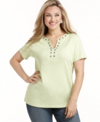 Get set for rising temps with Karen Scott's short sleeve plus size top, highlighted by an embellished neckline.