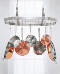 Display and store your cookware collection with pride. This elegant octagonal rack not only saves you cabinet space, it adds a dramatic element to any kitchen décor. Cookware not included. Limited lifetime warranty.