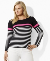 Accented with bold stripes and luxe silver-tone buttons, this plus size Lauren by Ralph Lauren sweater is a chic modern essential in soft ribbed-knit cotton.