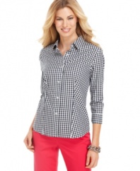 Jones New York Signature's petite gingham shirt will add a cheerful punch of color to your outfit.