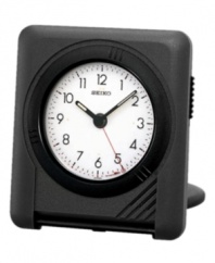 This sleekly styled alarm clock from Seiko is perfect for traveling anywhere. Square black plastic folding case. Rotating bezel sets alarm. Round white dial with logo, numeral indices, alarm with snooze and luminous hands. Folds into a carrying case. Seven-year battery included. Measures approximately 2-3/4 x 2-5/8 x 1/2.  One-year limited warranty.