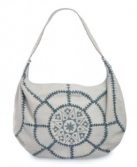 This Moraccan-inspired handbag by Lucky Brand will lift your spirits with its eye-catching stitching and unique ethnic pattern. A soft leather and slouchy hobo silhouette provide the perfect base for this free-spirited style.