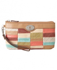 Vibrant colors and a vintage vibe give undeniable style to this adorable Fossil clutch. Signature silvertone hardware and a detachable wristlet finish off this free-spirited style.