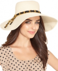 Lock up your sunny day look! This chic sunhat from Genie by Eugenia Kim features a floppy brim for tons of shade and a chiffon headband wrapped in chain links for extra style.