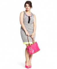 Pops of neon trim illuminate Tahari Woman's sleeveless plus size sheath dress for an on-trend work look-- it's a must-have for the season!
