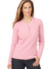 A classic henley shirt gets texturized with cable knit in this Karen Scott sweater. Pair it with dark jeans for a traditional look!