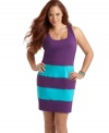 Lock up one of the season's hottest looks with L8ter's sleeveless plus size dress, featuring colorblocking.