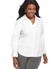 Jones New York Collection's long sleeve plus size shirt is an essential for your day-to-polished play wardrobe-- it's crafted from wrinkle-resistant fabric for easy care!