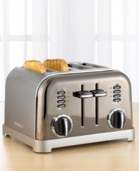 This tasty toaster is dressed up in a brilliant brushed stainless steel housing with chrome and black accents. Custom controls defrost and toast bagels and breads, four at a time, right to your tastes. Three-year warranty.