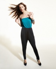 Material Girl plays fashion mixologist, combining trend-right colorblocking with the it garment of the season: the jumpsuit!