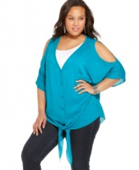 No one will be giving you the cold shoulder when you rock L8ter's cutout plus size tunic! The self-tie in front adds a fun touch.