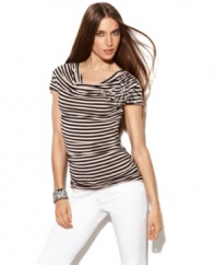 Stripes get sparkling with beads and rhinestones! INC's cute petite cowlneck top adds a glam touch to any outfit.