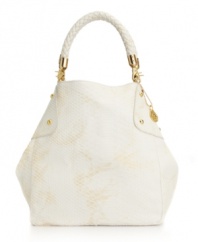 Polished, trendy and all-around eye-catching this crave-worthy bag by Big Buddha is a can't-miss style this season. A subtle snakeskin print dusted with gold is accented with shiny goldtone hardware and an optional crossbody strap.