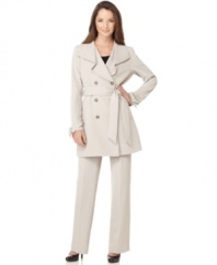 A cascade collar and self-tie belt on the trench of this Nine West suit give it an extra dose of personality.