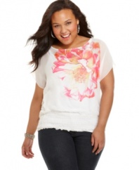 Welcome warmer temps with L8ter's short sleeve plus size top, finished by a floral print and smocked hem.