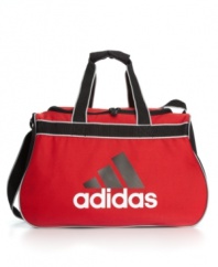 Great for the gym or a last minute weekend adventure, find room for all your necessities in this Adidas duffle bag. With a signature logo front and easy grip handles, this bag is ideal for many an occasion.