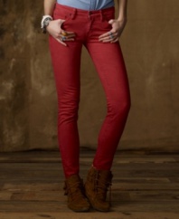 Tailored with an ultra-low rise, these stretch denim skinny jeans from Denim & Supply Ralph Lauren exude sexy, modern style and a contemporary downtown vibe in a bright, fire-engine red hue.