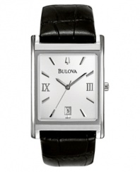 A fine watch with timeless charm, by Bulova. Black croc-embossed leather strap and rectangular stainless steel case. White dial with silvertone stick indices, sweeping second hand, logo, date window and roman numerals at three o'clock and nine o'clock. Quartz movement. Water resistant to 30 meters. Three-year limited warranty.