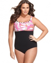A couture-inspired print elevates this plus size Profile by Gottex swimsuit to fashionable new heights! The ruffles on top add a charming touch, too.
