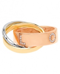 Wrap your digits in love. CRISLU's sparkling, stunning ring combines a trendy tri-tone setting with the word LOVE written in round-cut cubic zirconias (9/10 ct. t.w.). Set in sterling silver, 18k rose gold over sterling silver and 18k gold over sterling silver. Sizes 7 and 8.