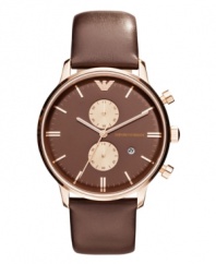 Smooth and rich leather complements the worm rosy hues of this precise chronograph watch from Emporio Armani.