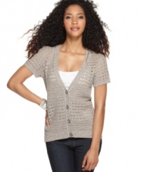 Allover marled knit stitches lend a homespun look to this chic petite cardigan from DKNY Jeans. Pair it with a cami and jeans for a laid-back ensemble.