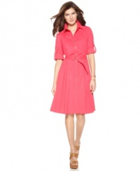 Boy-meets-girl in this look from Ellen Tracy. A classic button-front shirt is redesigned as a shirtdress with a full A-line skirt for total femininity.