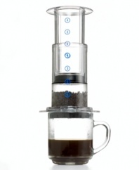 Got a minute? Get a cup of freshly brewed coffee or espresso with the dynamic AeroPress coffeemaker. Coffee yields its rich flavors in seconds when very hot water and finely ground coffee are in the mix. The special filter prevents any grids from getting into your cup and lowers acidity. Makes 1-4 cups of American-style coffee or espresso. Model 80R08.