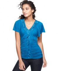 Lacy trim elevates Cha Cha Vente's classic flutter sleeve top. Ruching adds seductive appeal!