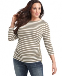 Zip up an on-trend look with MICHAEL Michael Kors' three-quarter sleeve plus size top, showcasing a striped pattern.