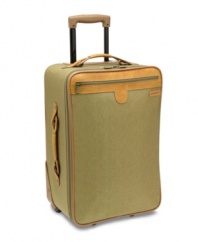 A world traveler. Expanding for more space, this charming suitcase packs in the features that jet-setters demand, such as two separate packing areas, restraining straps to secure garments and a removable garment sleeve. The antique brass hardware and Hartmann's signature trim add a sophisticated look to your travel style. Lifetime warranty.