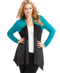Add an on-trend layer to your look with Alfani's long sleeve plus size cardigan, showcasing a colorblocked design.
