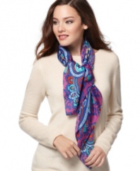 What dreams may come with the swirling, bold colors presented in this luxe scarf by Collection XIIX. A lovely addition to anything from dresses to light jackets.
